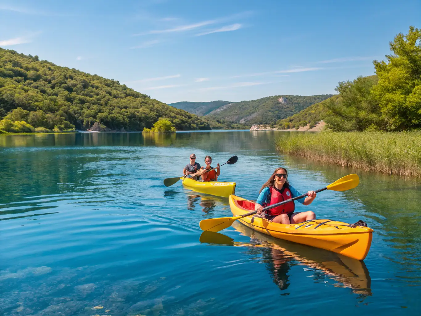 A group of kayakers paddling down a calm river, surrounded by trees and wildlife, representing the kayaking program.