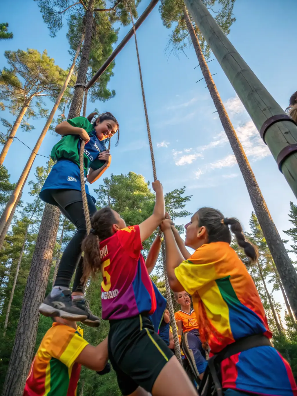 A group of participants engaging in an outdoor adventure course, featuring rope bridges and climbing walls, demonstrating the teamwork and personal growth fostered by Nature Sport 16's outdoor adventure programs.