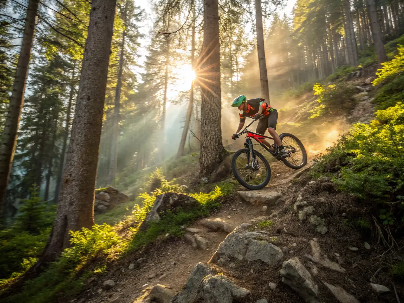 A person mountain biking on a dirt trail through a forest, wearing appropriate safety gear, illustrating the mountain biking program.