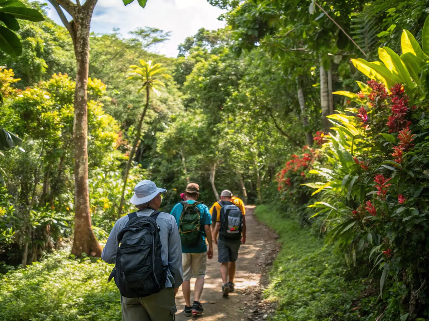 A group of people hiking through a lush green forest, sunlight filtering through the trees, showcasing a guided hike program.