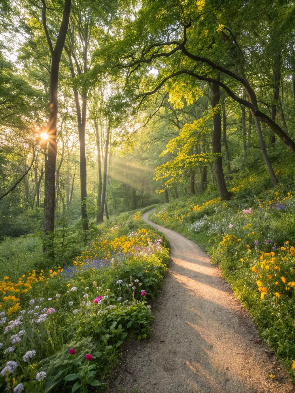 A vibrant image of a group of people participating in a guided hike through a dense forest, sunlight filtering through the trees, showcasing the beauty of nature and the joy of outdoor activity.