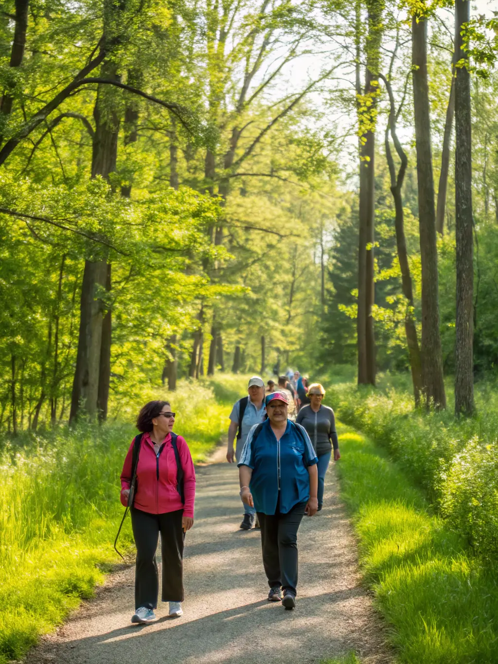 A group of diverse individuals participating in a guided hiking tour through a lush, green forest, led by a knowledgeable guide pointing out local flora and fauna, showcasing Nature Sport 16's commitment to environmental education and active exploration.