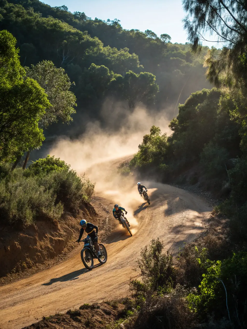 A dynamic shot of mountain bikers speeding down a winding trail, surrounded by lush greenery and rugged terrain, capturing the thrill and excitement of the sport.