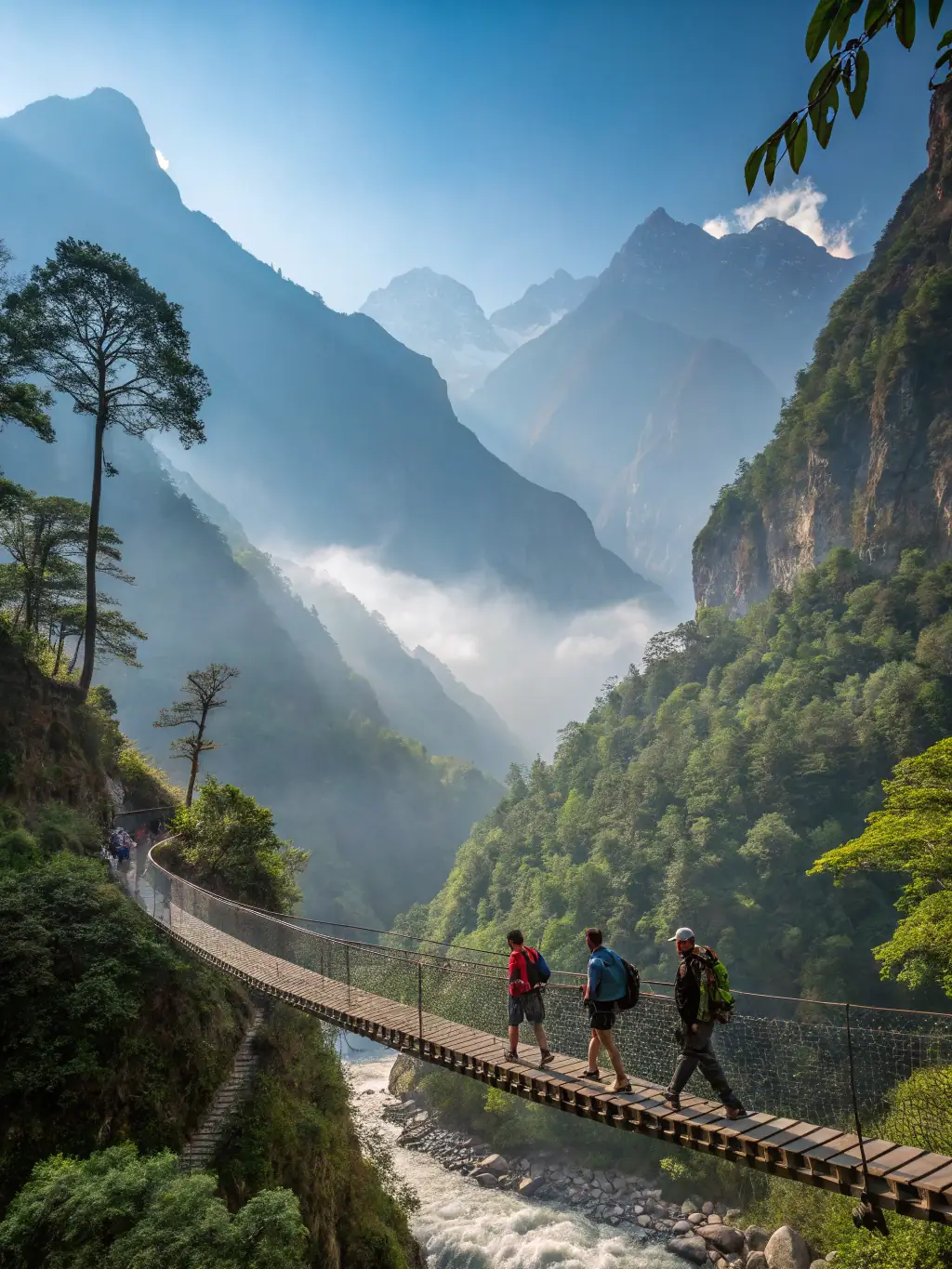 An adventurous group navigating an outdoor adventure course, featuring rope bridges, zip lines, and climbing walls, highlighting the challenge and excitement of the activity.