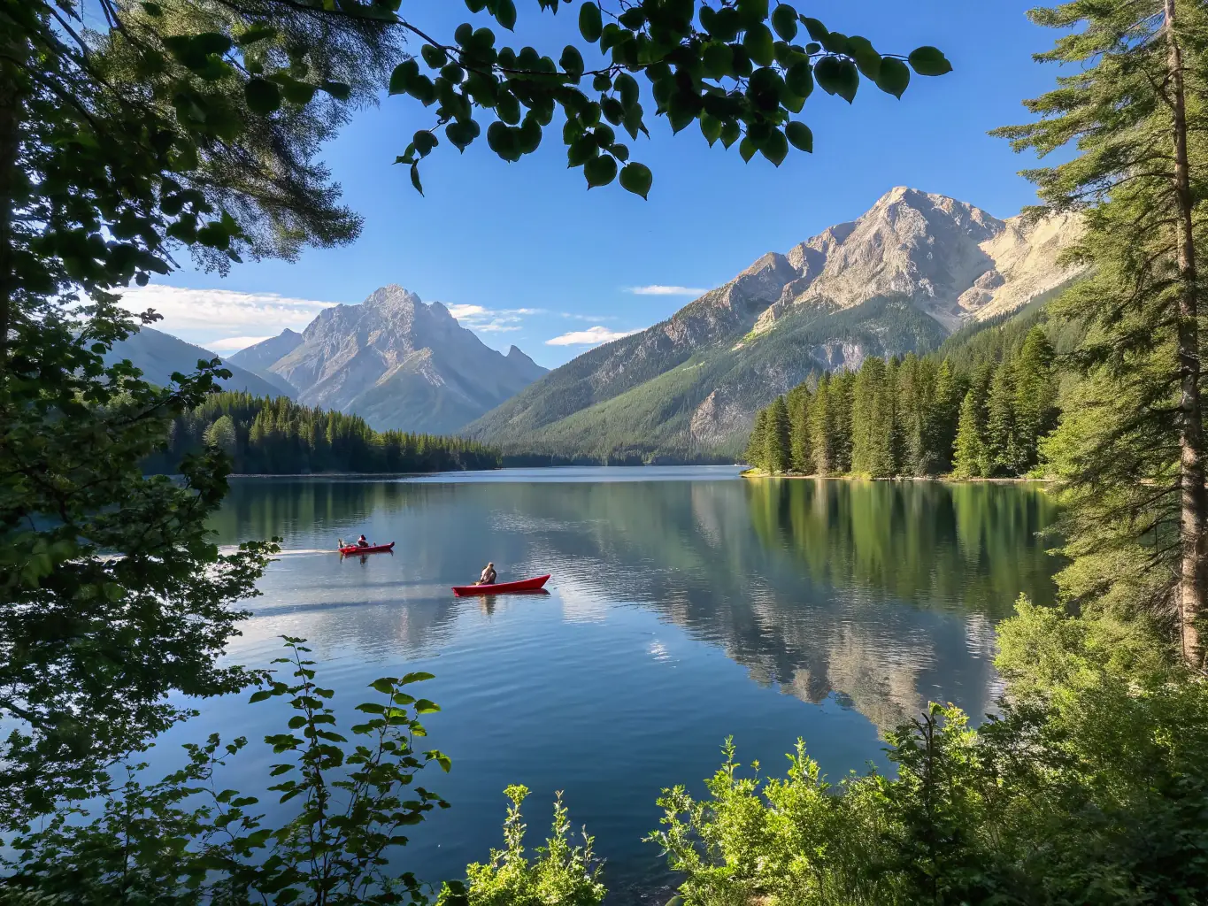 A serene image of kayakers paddling on a calm lake surrounded by lush greenery, illustrating NATURE SPORT 16's kayaking program.