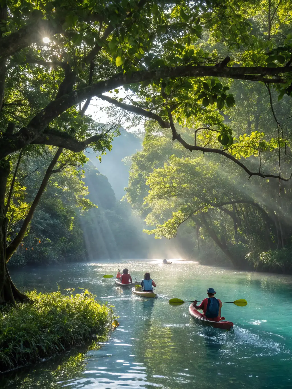 A serene image of kayakers paddling on a calm river, surrounded by picturesque landscapes, highlighting the tranquility and connection with nature offered by Nature Sport 16's kayaking program.