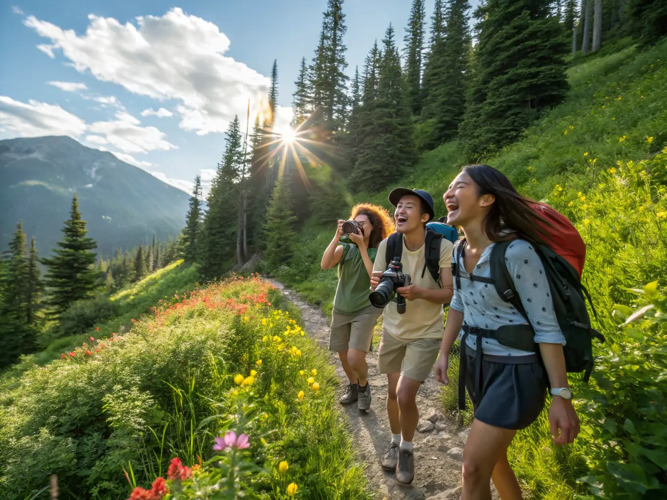 A vibrant image of a group of people hiking through lush forests with scenic mountain views in the background, representing NATURE SPORT 16's guided hikes.