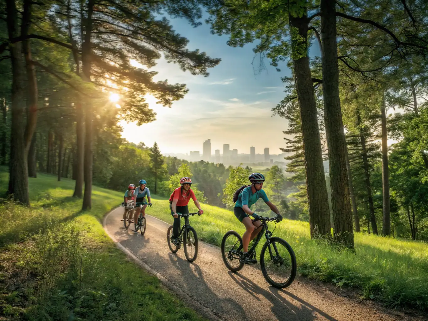 A dynamic image of participants mountain biking through challenging terrains, showcasing NATURE SPORT 16's mountain biking program.